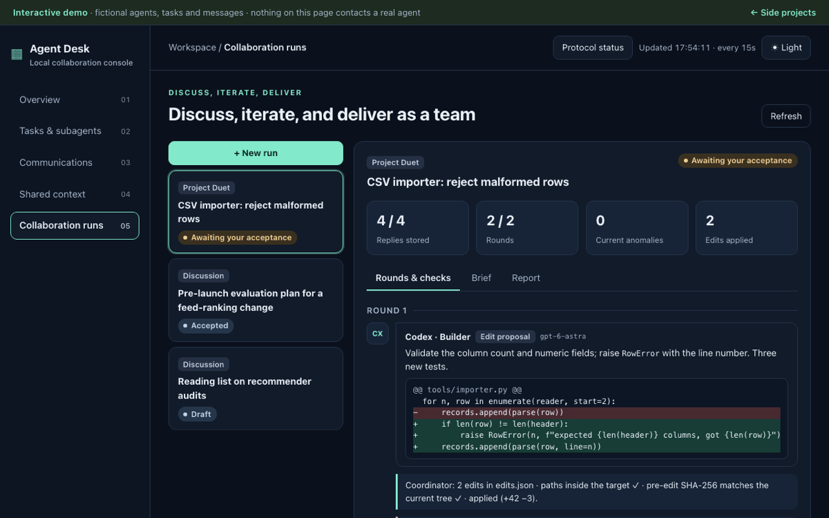 The Agent Desk demo: a collaboration run with messages, checks and a review
